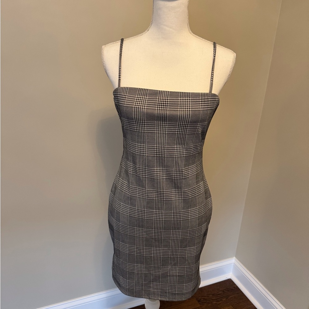 Gray Plaid Houndstooth Spaghetti Strap Dress